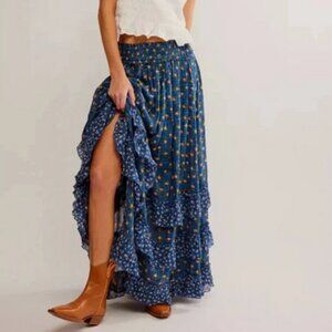 Free People Brynn Printed Maxi Skirt Smocked Tiered Ruffle Mid Rise